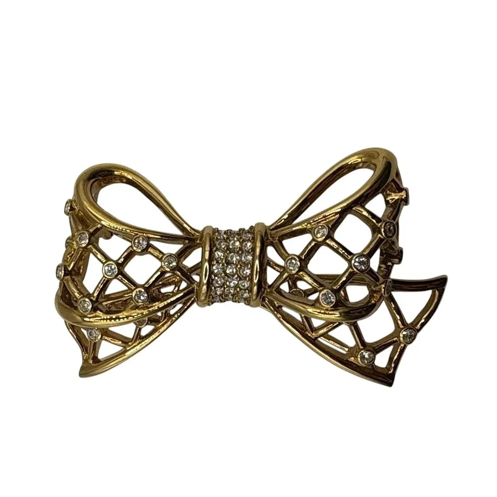 Swan Signed SWAROVSKI Open Bow Brooch Pin Icy Clear Crystals‎ Gold Tone Ribbon